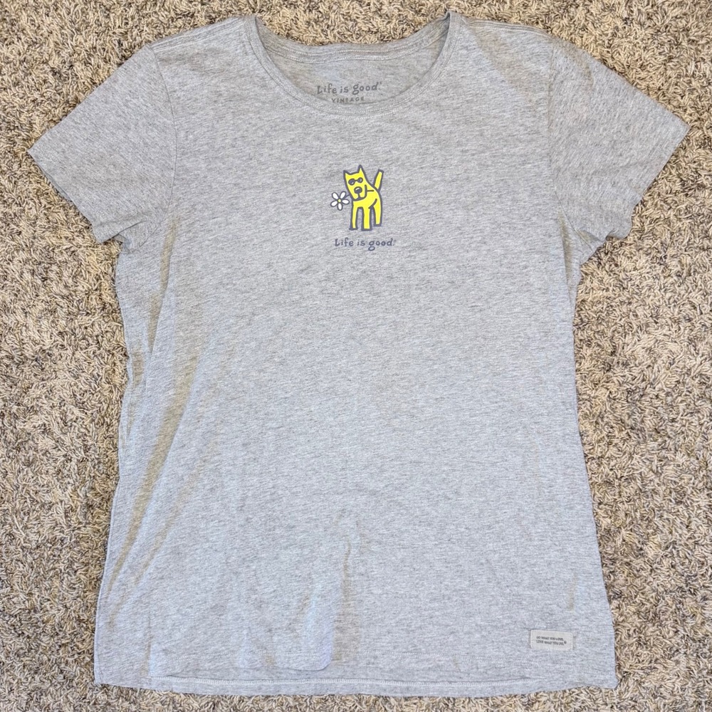 Life is Good Vintage Womens Large Gray Rocket Dog Flower Graphic T-Shirt L